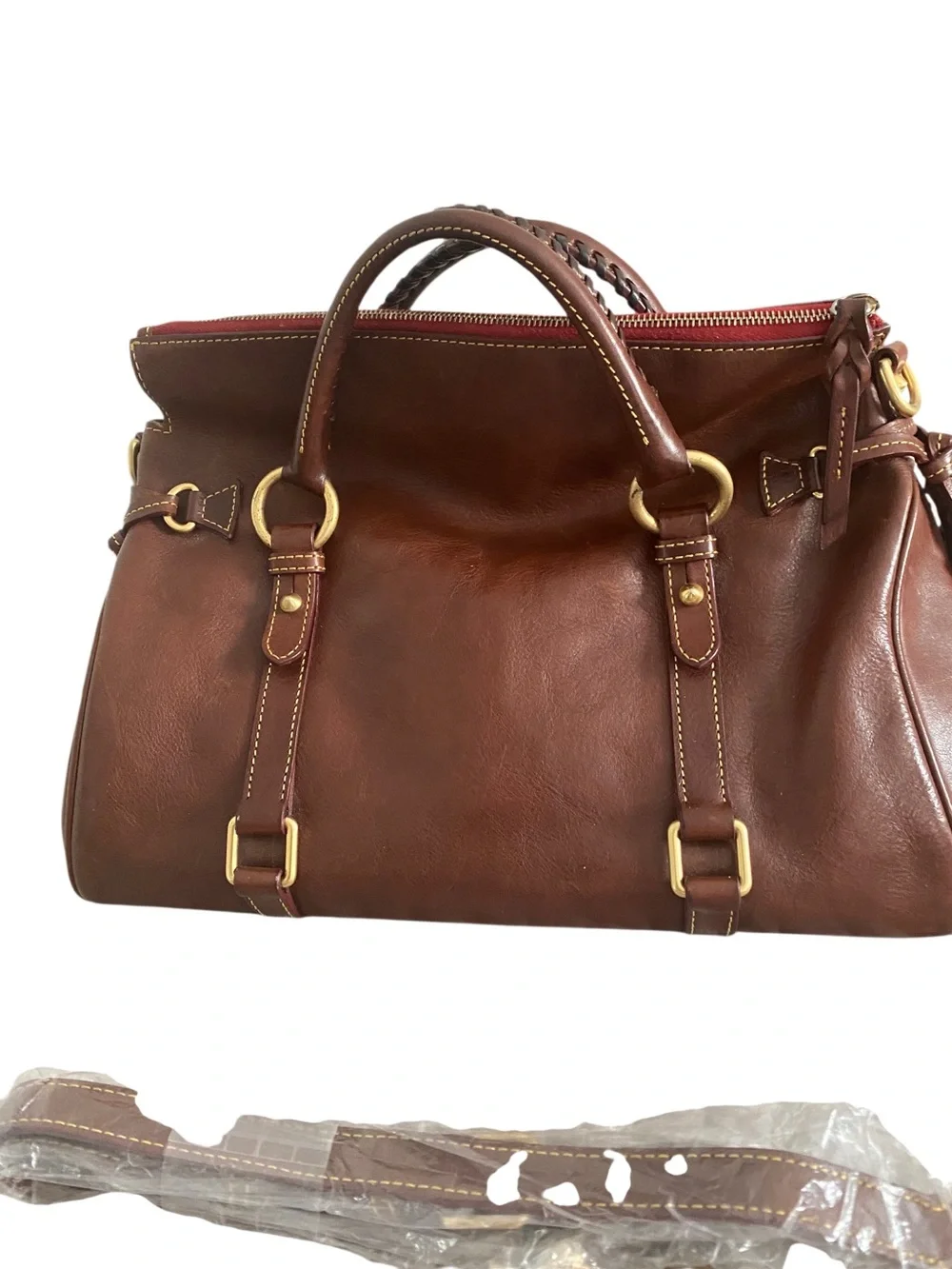 Dooney & Bourke Brown Leather Satchel with Gold Hardware and Tassel